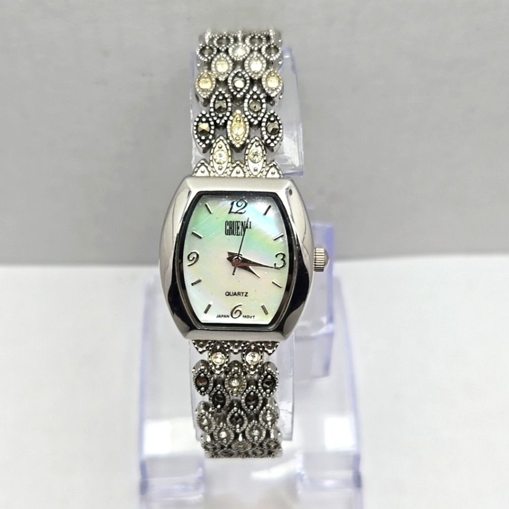 Womens Gruen Marcasite Silver Tone Crystals Mother of Pearl Watch New Battery